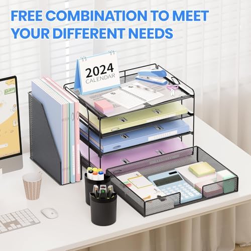 OPNICE Desk Organizer, 4-Tier Desktop File Organizer with Drawer and Pen Holders, Office Desk Accessories, File Sorters, Workspace Organizers for Office Supplies(Black 2-Pack) - Image 2