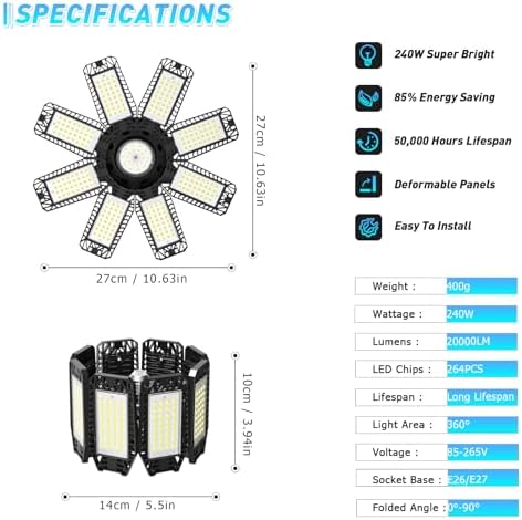 Garage Light 4 Pack - 240W 24000LM 6500K Garage Lights Ceiling LED with 8+1 Deformable Panels, E26/E27 Screw Socket in LED Shop Light for Workshop, Basement, Gym, Barn, Warehouse etc Bay Lighting - Image 4