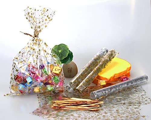 100 Pcs Star Printed 4"X 9" Gift Wrap Cello Cellophane Treat Bags Party Favor bags Clear Candy Cookie Bags Plastic Poly Goodie Storage Bags with Twist Ties for Bakery,Birthday, Wedding ,Party Decorations (Gold) - Image 6