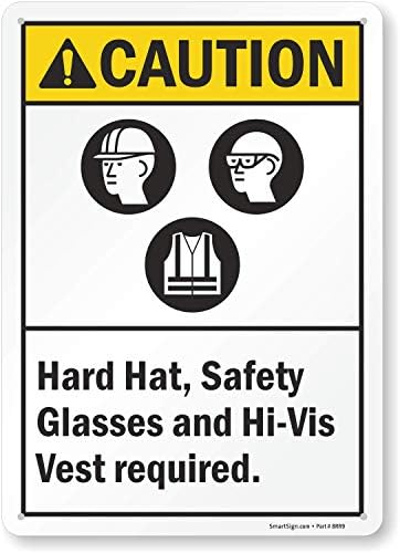 SmartSign 14 x 10 inch “Caution - Hard Hat, Safety Glasses, Hi-Vis Vest Required” ANSI Metal Sign, 40 mil Laminated Rustproof Aluminum, Yellow, Black and White by SmartSign