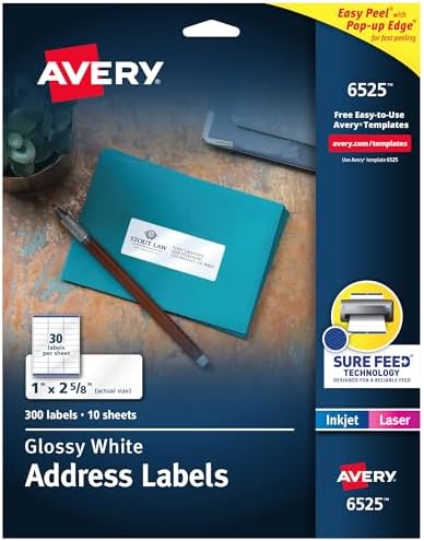 Avery Address Labels, Sure Feed and Easy Peel Technology, Glossy White Labels, 1" x 2-5/8", Permanent Adhesive, Laser/Inkjet, 300 Total (6525) by Avery