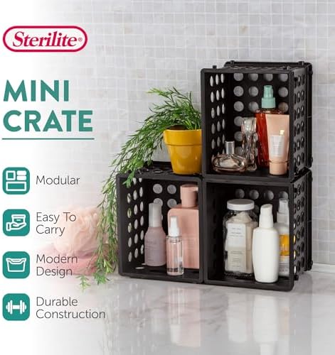 Sterilite Mini Crate, Stackable Plastic Storage Bin with Handles, Organize Home, Garage, Office, School, Dorm Room, Black, 24-Pack - Image 3