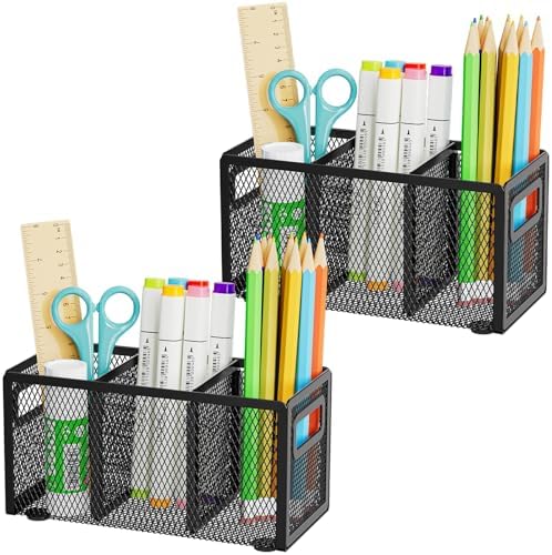 Marbrasse Mesh Pen Holder for Desk, Pencil Holder Desk Organizer 3 Adjustable Compartments, Pencil Cup with Handle Perfect for Classroom, Office, Home, Makeup, Art (Black-2P) by Marbrasse