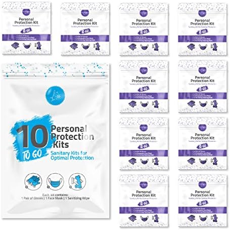 Personal Protection Kits – Mini 3 Item 10 PACK | Convenience on the Go | Individually wrapped pack for travelling | PPE Kit | Plastic Gloves, Hand Cleansing Wipes, Disposable Face Mask (Purple) by KitUSafe