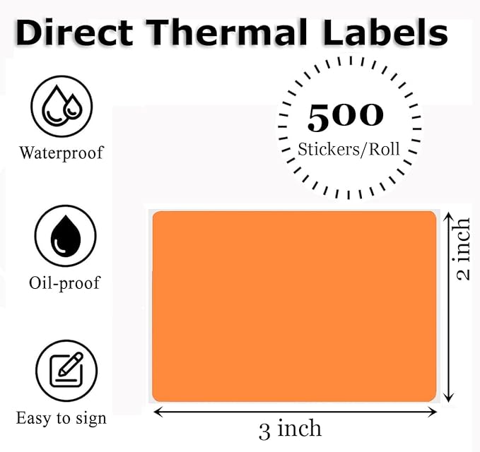 3" x 2" Thermal Labels Stickers Orange, Thermal Printer Shipping Stickers - Image 2