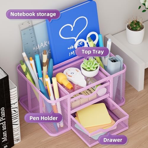 Marbrasse Mesh Desk Organizer, Pen Holder with 2 Drawer, Multi-Functional Pencil Holder, Desk Organizers and Accessories with 5 Compartments + Drawer for Office Art Supplies (Purple) - Image 2
