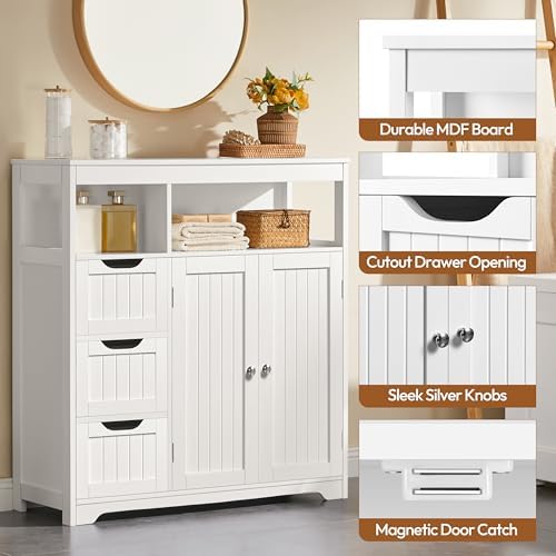 Yaheetech Small Bathroom Storage Cabinet with 3 Drawers & 2 Doors, White - Image 5