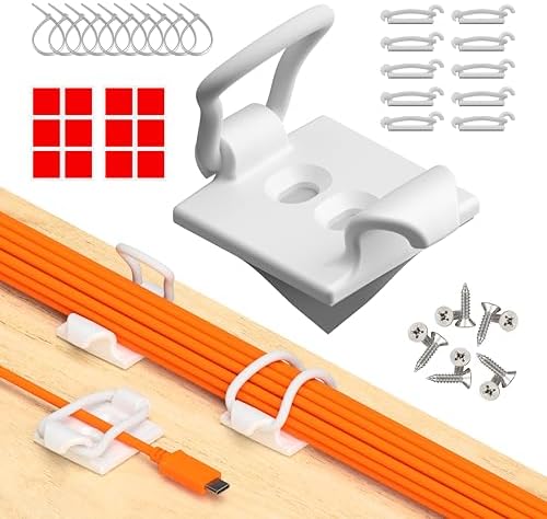 [Made in the UK] 10-Pack Adjustable Elastic Adhesive Cable Clips, Wire Management Holder, Cord Organizer for Home Office, Under Desk, Behind TV, Phone Charger, Laptop, PC, HDMI, USB (White) by CableGenie