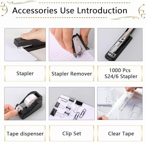 Office Supplies,Desk Accessories, Stapler and Tape Dispenser Set for Women with Stapler, Tape Dispenser, Staple Remover, Staples, Clips, Scissor and Tabs,Gift for Students, Coworkers - Image 2