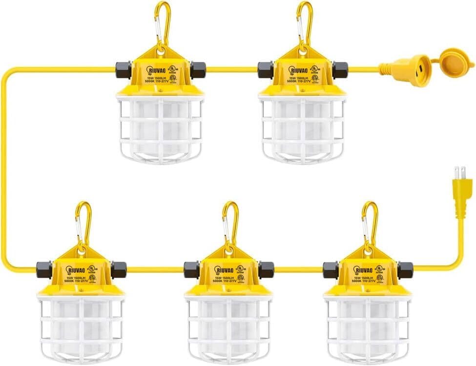 50ft LED Construction String Lights, 75W 7500LM Industrial Grade Super Bright String Work Lights for Construction Sites, Temporary Work, Renovation, Jobsite, and all outdoor lighting(50ft-5lights) by LightupEveryCorner