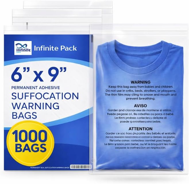 Infinite Pack 6" X 9" 1000 CT Self Seal Clear Poly Bags with Suffocation Warning for Packaging, Shipping Permanent Adhesive by InfinitePack