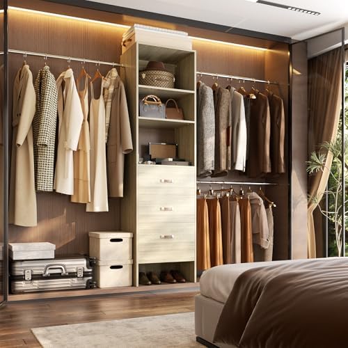 Besiost 96'' Closet Organizer System with 3 Hanging Rods, 8FT Closet Organizers and Storage with 3 Wooden Drawers, Built in Closet Organizer Systems, Adjustable Walk-in Wardrobe from 2-8FT, White Oak - Image 3