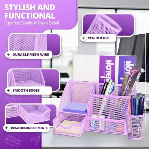 Flexzion Desk Caddy Organizer Set (Purple) - Metal Mesh Desktop Caddy with Drawers, 6 Compartments, and Pencil Holder for Women & Men - Desktop Organizer and Storage for Work or Office Supplies - Image 4