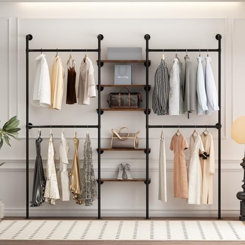 Industrial Pipe Clothing Racks with 5 Shelves, Wall Mounted Clothes Rack for Hanging Clothes, Black Wall Clothing Rack, Heavy Duty Clothes Rack for Walk in Closet, Laundry Room - Image 6