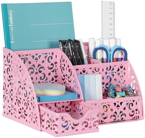 EasyPAG Desk Organizer and Pen Holder for Desk, Mesh Office Supplies Storage Caddy with Drawer for Small Space, Desktop Organizer for Home Office, Pink by EasyPAG