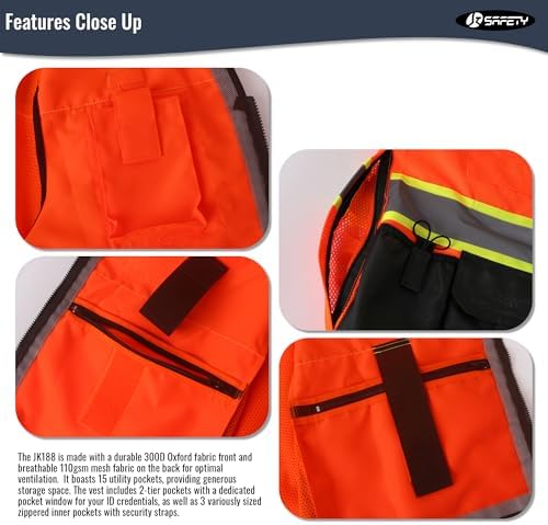 JKSafety Hi-Vis Unisex Surveyor Safety Vest Heavy Duty PPE Inner Pockets ANSI/ISEA Compliant - Image 3