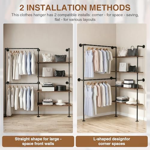 Industrial Pipe Clothing Rack with Double Hanging Rods Wall Mounted Garment Hanger Large Capacity Heavy Duty Clothes Organizer Wooden Clothes Storage Shelves for Walk In Closet Storage/Laundry Room - Image 2