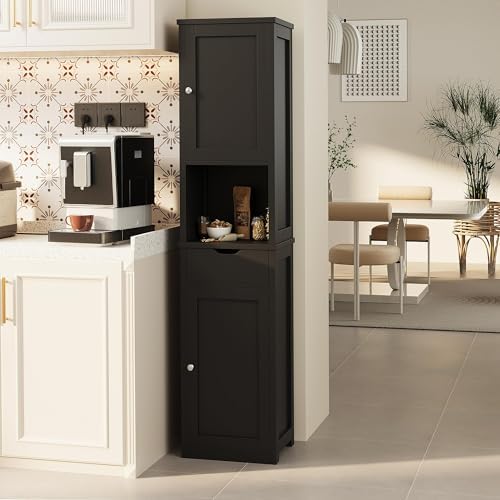 Shintenchi Tall Bathroom Storage Cabinet, Slim Corner Floor Cabinet with Doors and Drawer, Freestanding Narrow Bathroom Organizer with Adjustable Shelves for Small Space, Black - Image 4