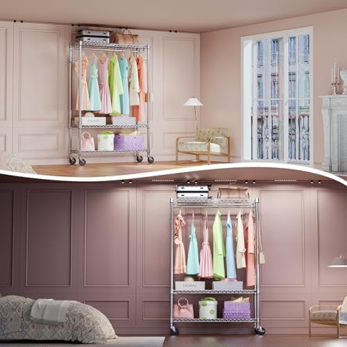 IZEUK Heavy Duty Rolling Garment Rack Wire Clothes Rack for Hanging Clothes (Chrome, 3 Tier with 2 Rod, 15.7" D x 45.3" W x 75.6" H) - Image 5