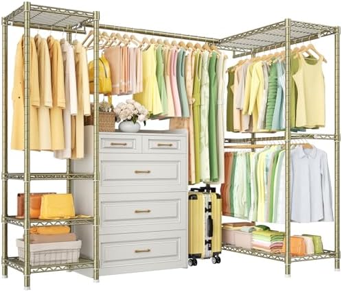 ULIFHOME E10L L-Shaped Clothes Rack for Corner（With Expandable Hanger Rod）Heavy Duty Freestanding Clothing Racks for Hanging Clothes，Portable Garment Rack 58-82"W x 30"D x 72"H，Max Load 900LBS，Gold by UlifHome