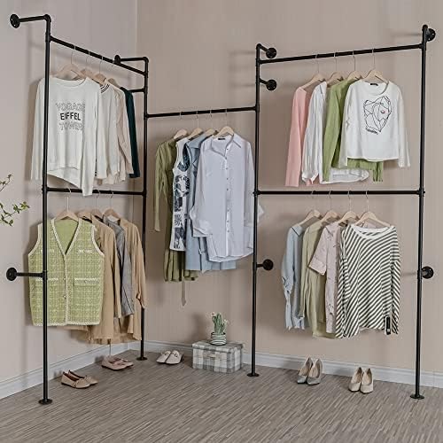 Industrial Pipe Clothes Rack, Heavy Duty Detachable Wall Mounted Black Iron Garment Bar, Clothing Store Display Stands Garment Rack Closet System (125.5 x 93.7inch) - Image 2