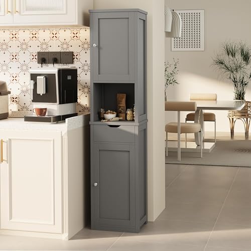 Shintenchi Tall Bathroom Storage Cabinet, Slim Corner Floor Cabinet with Doors and Drawer, Freestanding Narrow Bathroom Organizer with Adjustable Shelves for Small Space, Gray - Image 4