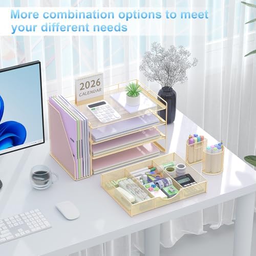 gianotter Desk Organizers and Accessories with File Holder, 4-Tier Desk Accessories & Workspace Organizers with Drawer and 2 Pen Holder, Paper Organizer for Office Supplies(Gold) - Image 3