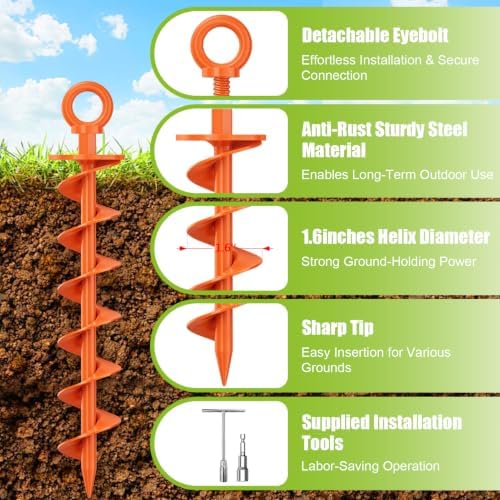 Eurmax USA 4-Pack Heavy Duty Removable Full Spiral Screw in Ground Anchors, Anti-Rust Earth Auger Screw Stakes with Drill Adapter & T-Handle Wrench for Trampoline, Canopy, Tent, Swing Set (Orange) - Image 4