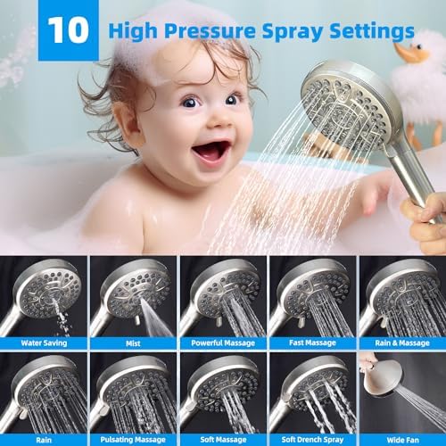 Hibbent All Metal 12'' Filtered Rainfall Shower Head Combo, High Pressure Handheld Shower Head with 12'' Adjustable Curved Extension Arm, 20 Stage Shower Filter, 10-spray, 71'' Hose, Brushed Nickel - Image 2