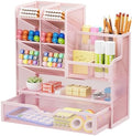 Marbrasse Mesh Desk Organizer with Drawer, Multi-Functional Pencil Organizer, 12 Compartments, Pink, Modern, Minimalist by Marbrasse