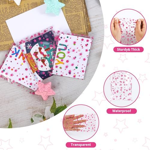 COQOFA 100 Pcs Star Printed Sealable Gift Wrap Cello Cellophane Bags Self sealing Adhensive Treat Bags Party Favor bags (5x7inch, Pink) - Image 3