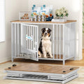 Easycom 41" Dog Crate Furniture Foldable, No Assembly Decorative Dog Kennel Indoor, Dog Crates for Large Dogs(35-60 lb), Wooden Dog Crate with Adjustable Bowls and Name Tag, End Table, White & Beech by EasyCom