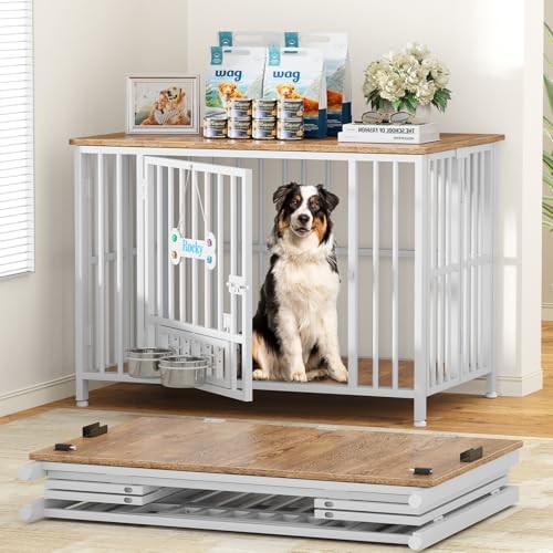 Easycom 41" Dog Crate Furniture Foldable, No Assembly Decorative Dog Kennel Indoor, Dog Crates for Large Dogs(35-60 lb), Wooden Dog Crate with Adjustable Bowls and Name Tag, End Table, White & Beech by EasyCom