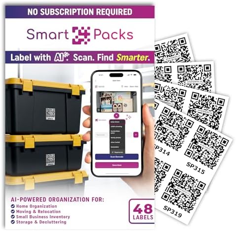 SmartPacks QR Stickers - Premium Smart Labels for Storage Bins | Advanced Pack and Track Labels with QR Code for Inventory, Storage, Moving | 48 Stickers by SmartPacks