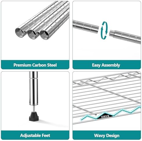 IZEUK 4-Tier Heavy Duty Steel Storage Shelves, Metal Shelf Wire Shelving Rack for Pantry, Kitchen, Home, or Office Organization (29.5" W x 13.7" D x 47.2" H, 1000LBS, Chrome) - Image 4
