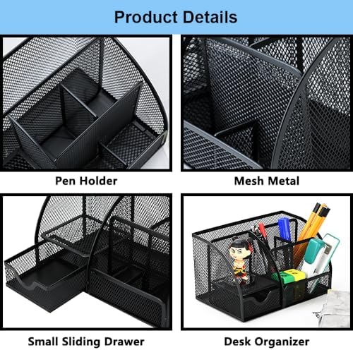 Desk Organizer Stationery Storage, Pencil Holder for Desk, Wire Mesh Office Supplies Journals Notebooks Organizers with 7 Compartments and Mini Drawer (Black) - Image 3