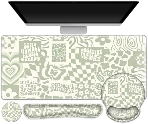 Large Desk Mat, Beige Gaming Mouse Pad, Desk Pad Protector, XXL Mousepad + Keyboard Wrist Rest+Mouse Wrist Rest+Coaster Set with Ergonomic Desk Pad for Home Office PC Computer, Retro Boho Aesthetic by ToLuLu