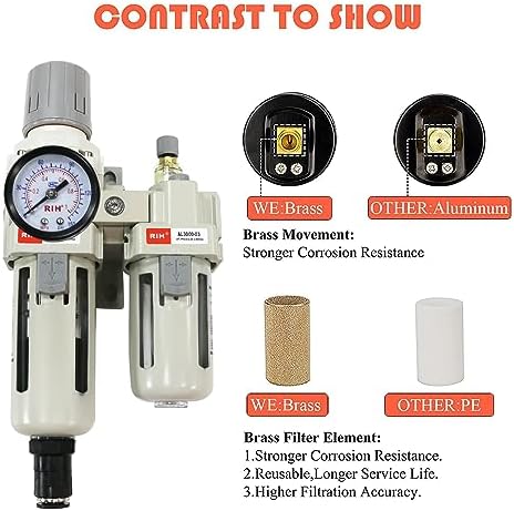 RIH Pneumatics Compressed Air Filter Regulator Lubricator Combo Water/Oil Trap Separator - Gauge(0-150 psi), Semi-Auto Drain, Poly Bowl,Bracket - 3 in 1 Two Unit (3/8“ NPT Auto Drain) - Image 3