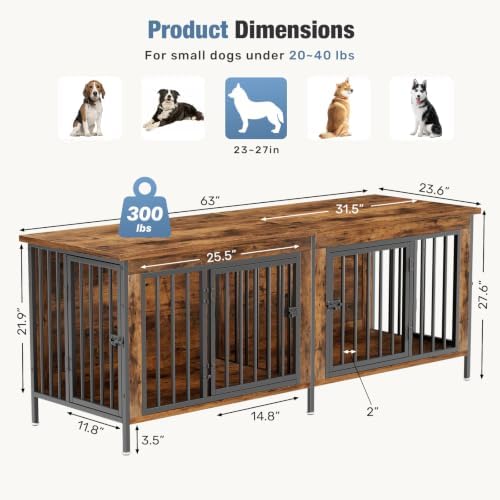DUMOS 63" Dog Crate Furniture for 2 Dogs with Divider, Rustic Brown - Image 6