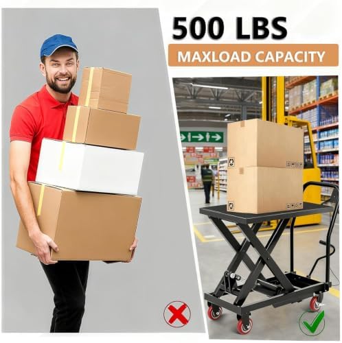 1100 LBS Manual Hydraulic Double Scissor Lift Table Cart, Max 28.5 Inch Lifting Height, Reinforced Welded Steel Frame, Anti-Overload Hydraulic Unit, Non-Slip Rubber Platform Mat - Image 3