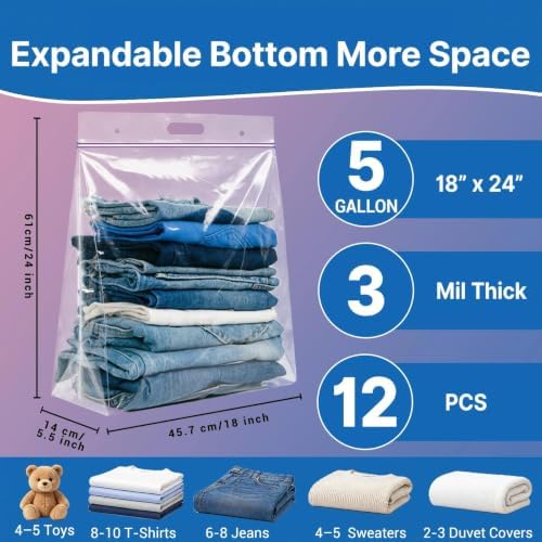 12 Pack 5 Gallon Large Zipper Storage Bags with Handle&Bottom for Clothing - Image 2