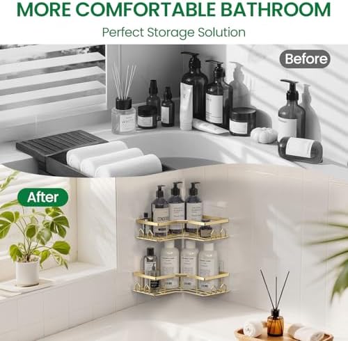 Adhesive Shower Caddy, 2 Pack Corner Bath Organizer, Rustproof Stainless Steel Shower Shelves with Large Capacity, No Drilling Shelves for Bathroom Storage, Home, Kitchen Décor(Gold) - Image 5