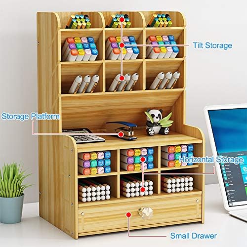 Hggzeg Wooden Desk Organizer with Drawer, Large Capacity DIY Pen Holder Storage Box Desktop Stationary Storage Rack, Pen Organizer Caddies for Office, Home and School Supplies (B16-Cherry Color) - Image 6