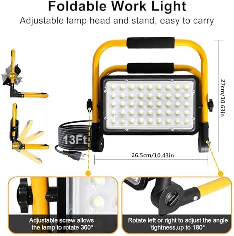 10000LM LED Work Light, 100W 6500K Portable Work Light with Stand, IP66 Waterproof Flood Light with 13.1FT Cord, Construction Lighting for Job Site Repairing Workshop Garage, Gifts for Men - Image 5