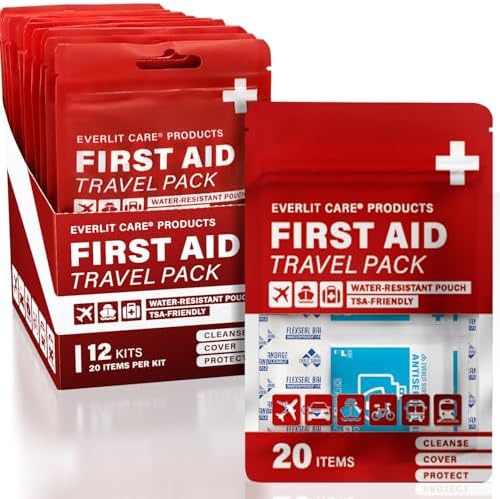 EVERLIT CARE Travel Bandage Pack | 12 Individual Packets, Bulk Portable Mini First Aid Kit with 20 On-the-Go Essentials | Compact Water-Resistant Reusable Pouch to Clean, Cover & Protect by Unknown