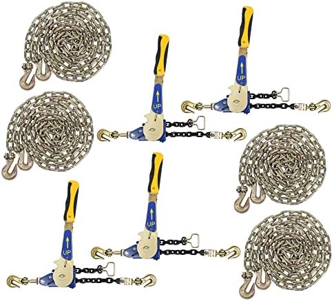 Mytee Products 8 Pcs G70 5/16" Chain & Easy Binder Kit - (4) 5/16"-3/8" Easy Ratcheting Chain Load Binder & (4) 5/16" x 20' G70 Transport Chain w/Grab Hooks - 4700 lbs WLL for Truck Trailer Tie Down by MyteeProducts