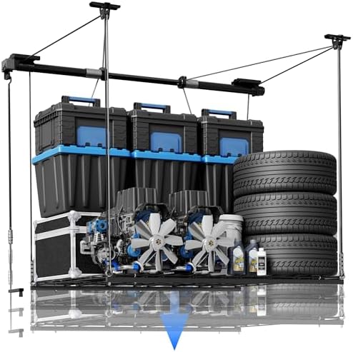 FLEXIMOUNTS GL1 Overhead Garage Lifting Storage Rack, 4x4 Ft Heavy-Duty Metal Garage Ceiling Rack, Adjustable Organization System With 71''L Axle, 350lbs Weight, Black by FLEXIMOUNTS