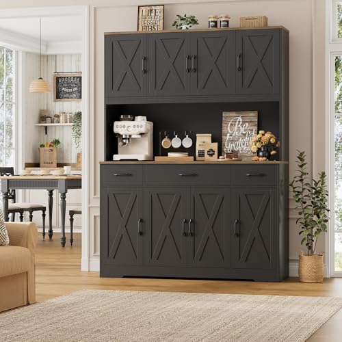 HOSTACK 71" Tall Kitchen Pantry Storage Cabinet, 55" W Kitchen Hutch, Black - Image 2