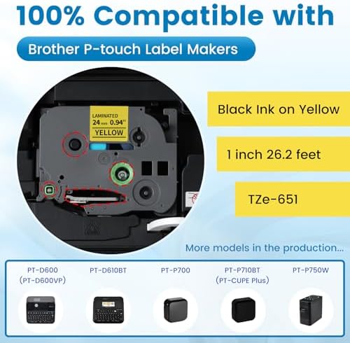 6-Pack Replace for Brother Label Maker Tape 24mm Yellow Laminated TZe-651 - Image 2