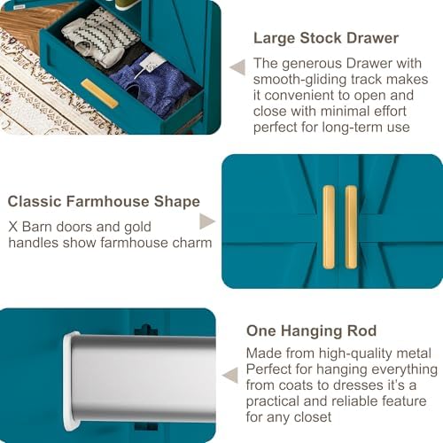 Baborokic Metal Wardrobe Cabinet,71 Armoire Wardrobe Closet with Drawers and Hanging Rod,Metal Armoire with Adjustable Shelves for Closet,Bedroom,Farmhouse Storage Cabinet with Drawer(Blue) - Image 4